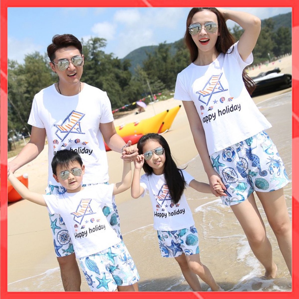 Đồng phục đi biển Familylove - Quần áo đồng phục đi biển mẫu Happy Holiday chiếc ghế, quần họa tiết sinh vật biển đẹp