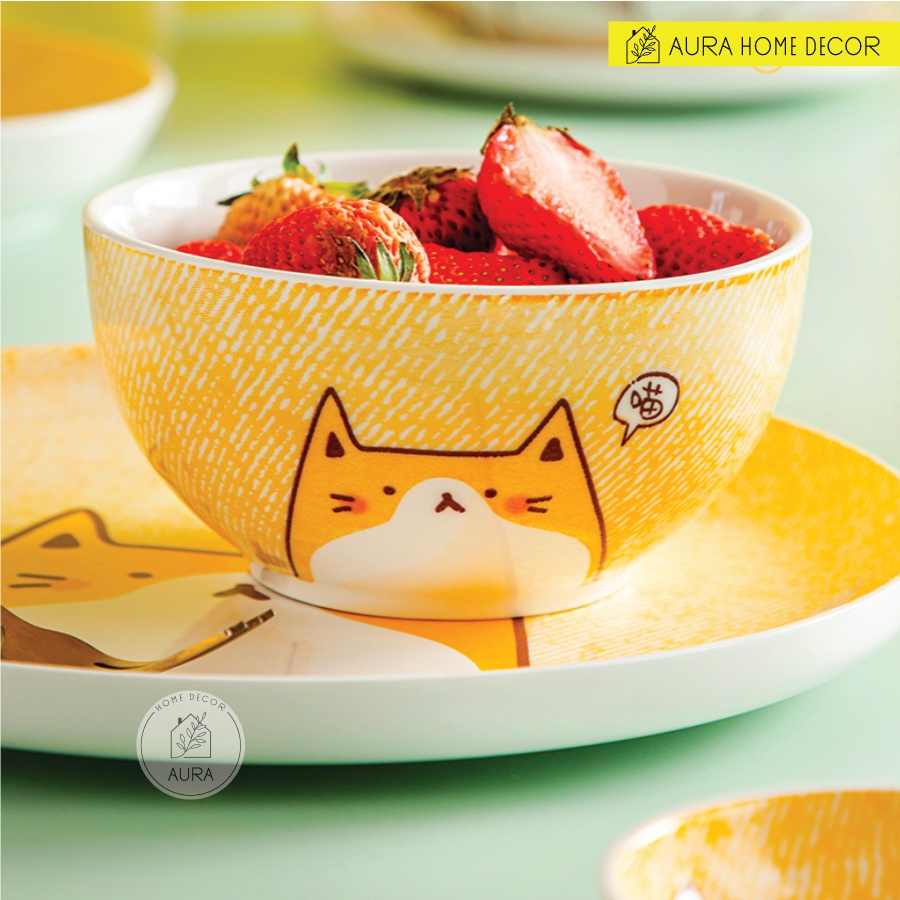 Bộ bát cơm, bát tô, đĩa hình mèo trắng vàng dễ thương - Chất liệu gốm sứ men bóng cao cấp