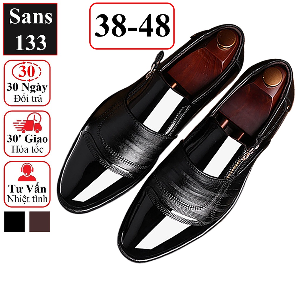 Giày tây nam đẹp Sans133 giầy da công sở cao cấp mũi tròn nâu đen bóng big size chân to bigsize cỡ lớn 43 44 45 46 47 48