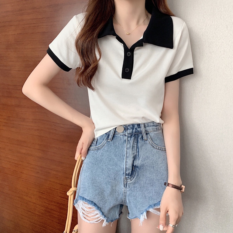 Áo thun polo IELGY tay ngắn cổ bẻ màu sắc tương phản thời trang đơn giản dành cho nữ