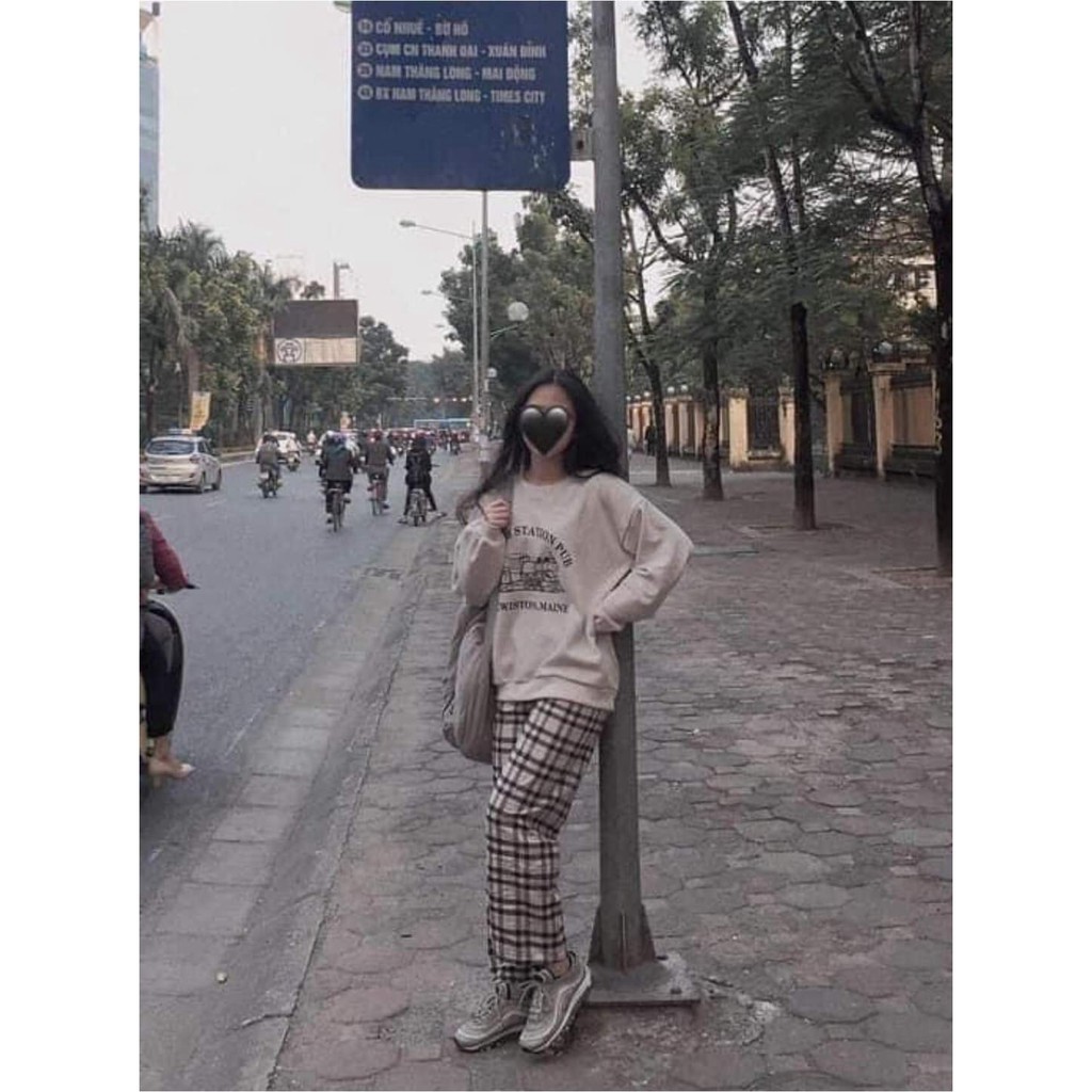 Bộ Nỉ NORTH Culottes Kẻ Tàu Hoả Nữ Unisex - Set sweater nỉ bông tay bồng mix quần suông ống rộng caro Ulzzang