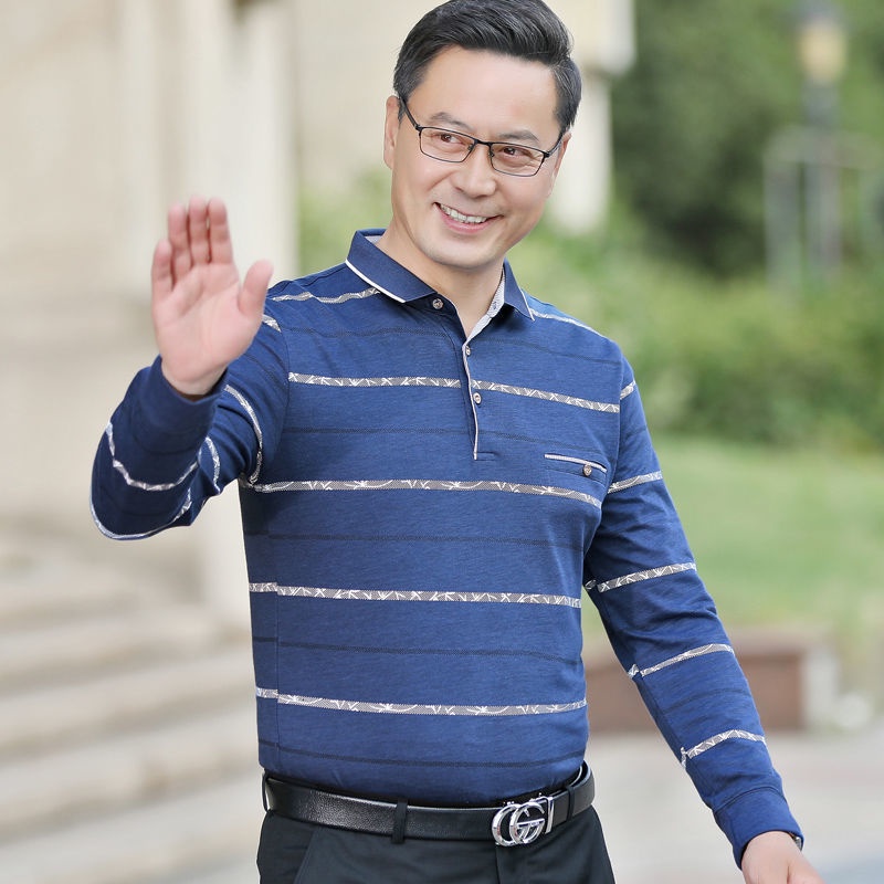 Áo Thun Dài Tay Họa Tiết Kẻ Sọc Thời Trang Mùa Thu Cho Đàn Ông Trung Niên 8PBK