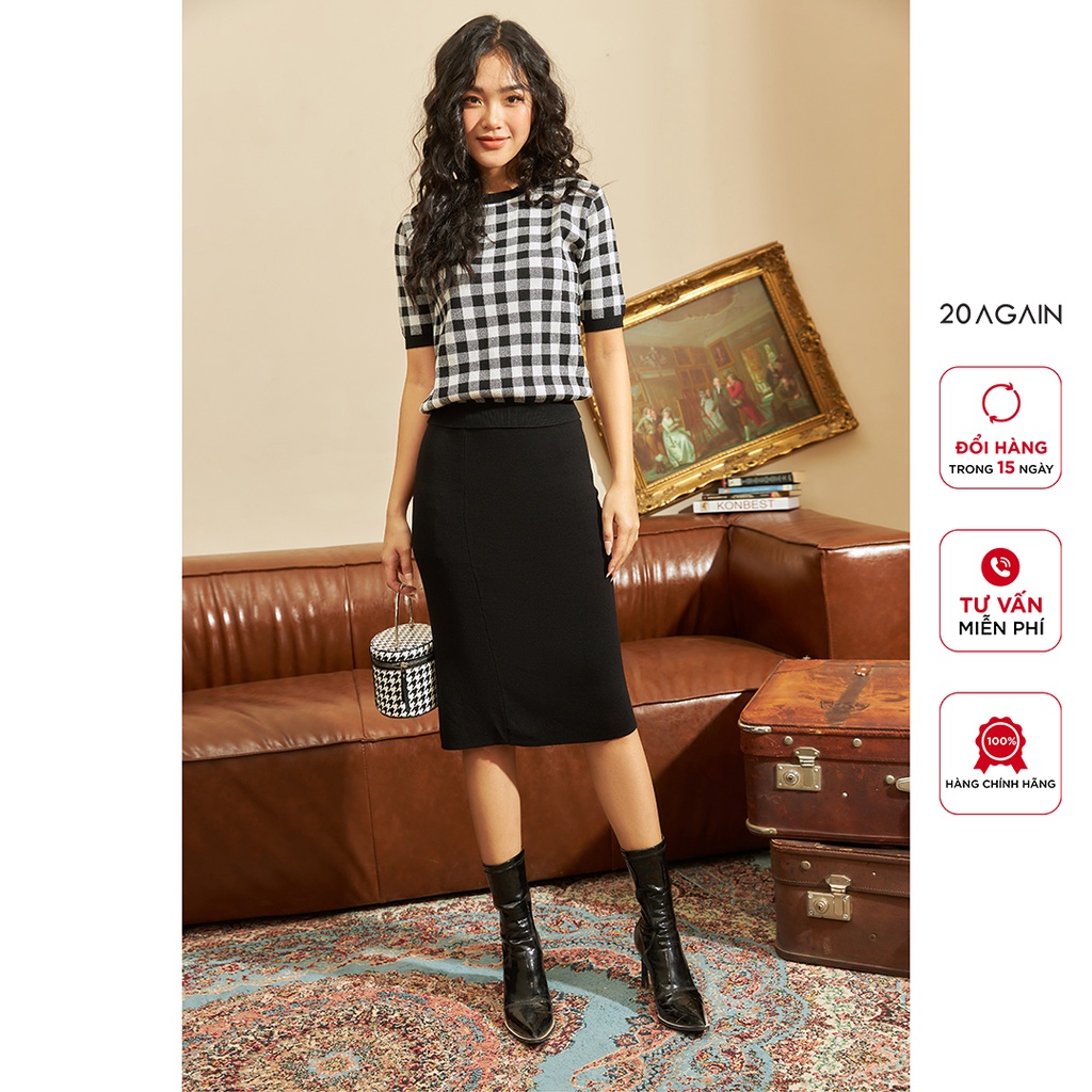 Áo len nữ ngắn tay cổ tròn 20AGAIN,  phong cách Hàn Quốc trẻ trung, họa tiết caro cá tính  ALA0056 | BigBuy360 - bigbuy360.vn