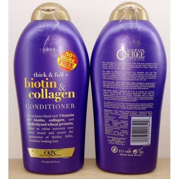Combo 2 chai dầu gội xả Biotin Collagen Thick & Full OGX bản Mỹ dưỡng mọc tóc, phục hồi mái tóc bóng khỏe