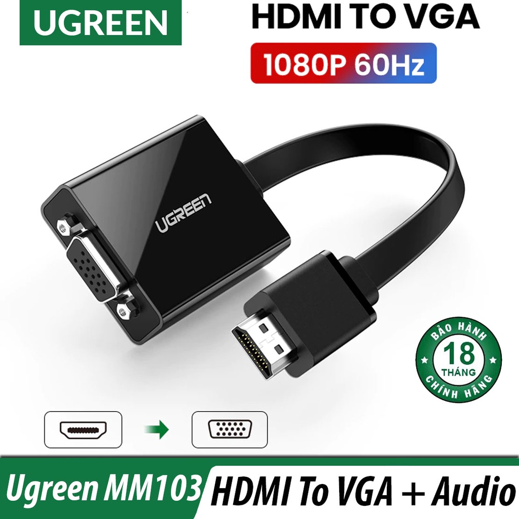 Cáp Chuyển HDMI Sang Vga Dây Dẹp UGreen MM103 Chính Hãng - Có Cổng Audio (3.5mm) Và Cổng Nguồn ( Micro USB)