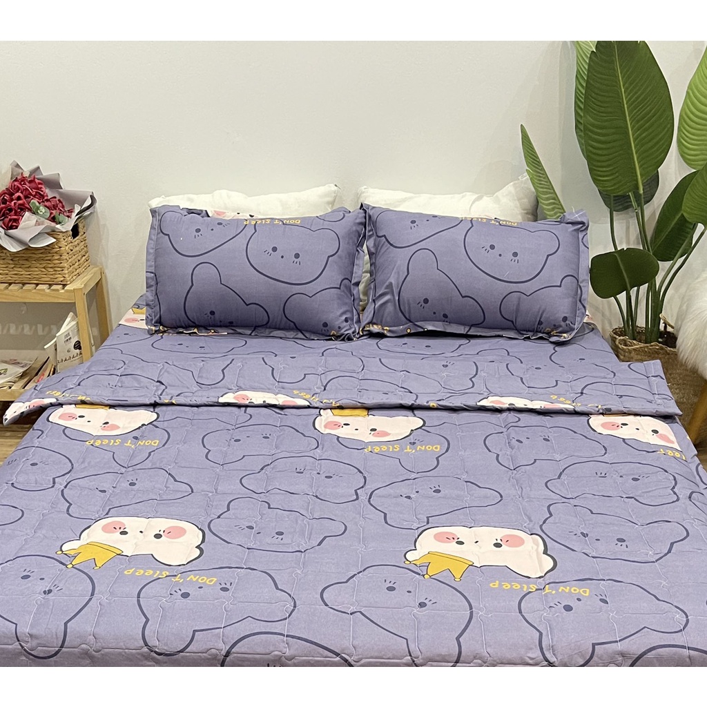 Set ga gối chăn hè chần bông Cotton 5 món EMMIBedding, mẫu gấu vương niệm mền cotton họa tiết đáng yêu