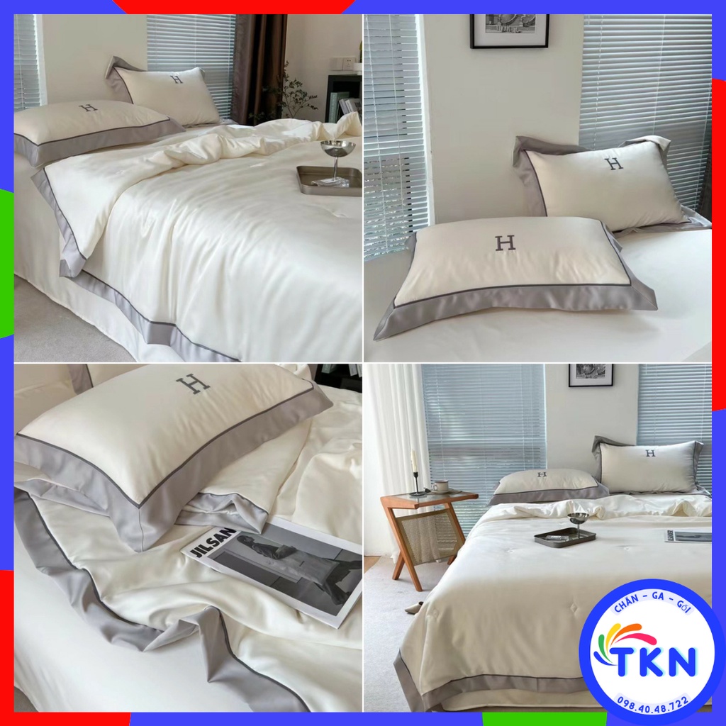 Bộ chăn ga gối lụa mát chăn trần chữ H cao cấp-Chất liệu lụa mát không nhăn Mát mướt tay miễn phí bo chun