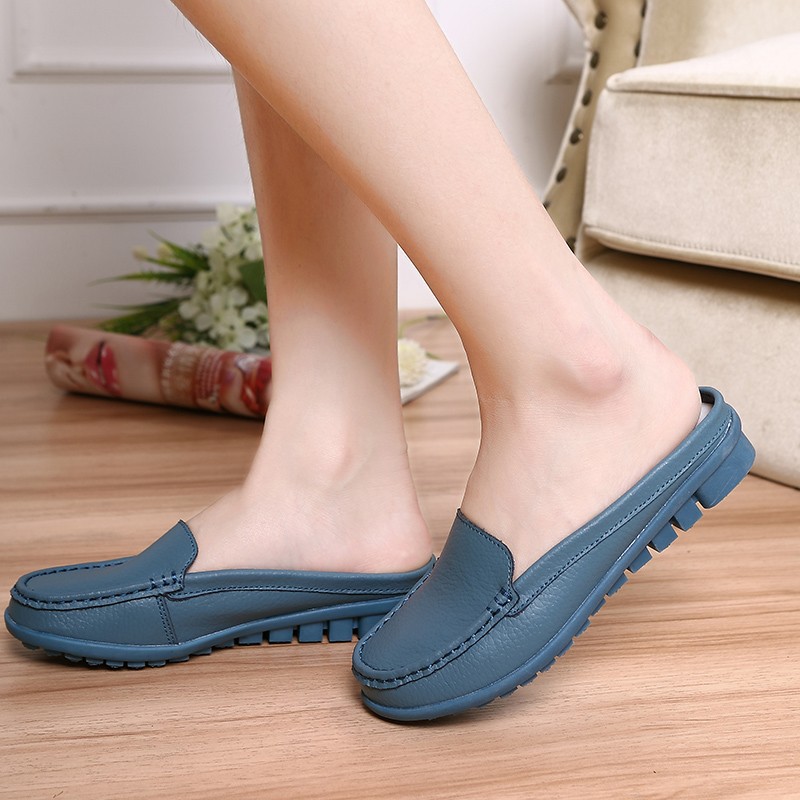 Flat Shoses Spring New Slippers Female Leather Bag Half Slip Shoes Flat Breathable Bean Beans Shoes Casual Fashion Lazy 