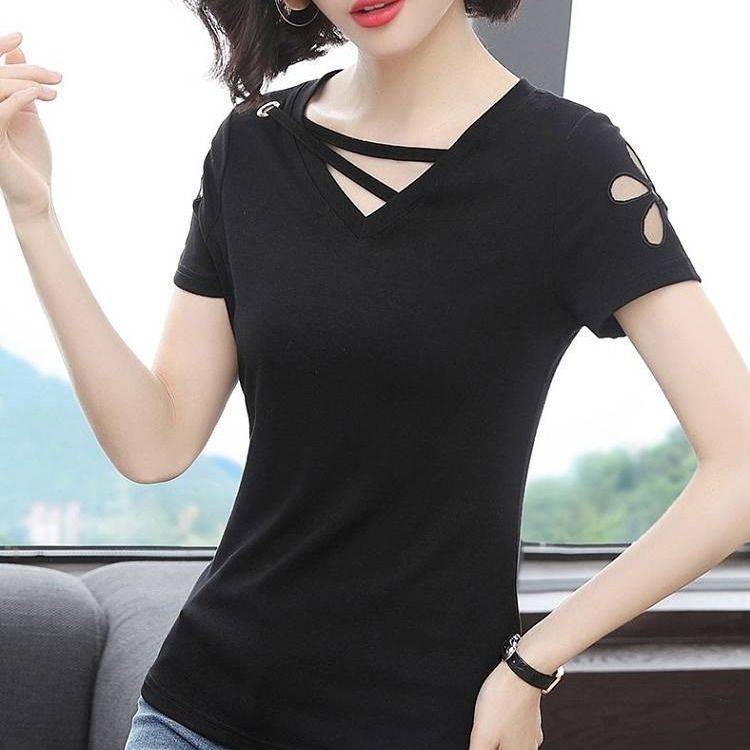 Áo kiểu tay ngắn cổ chữ V dáng rộng làm từ 95% cotton thời trang cho nữ