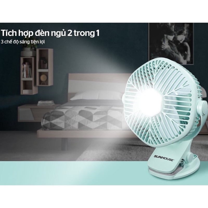 Quạt mini SUNHOUSE SHD7111,pin sạc dùng 4h, kẹp bàn tiện dụng, tích hợp đèn ngủ, bảo hành 1 năm