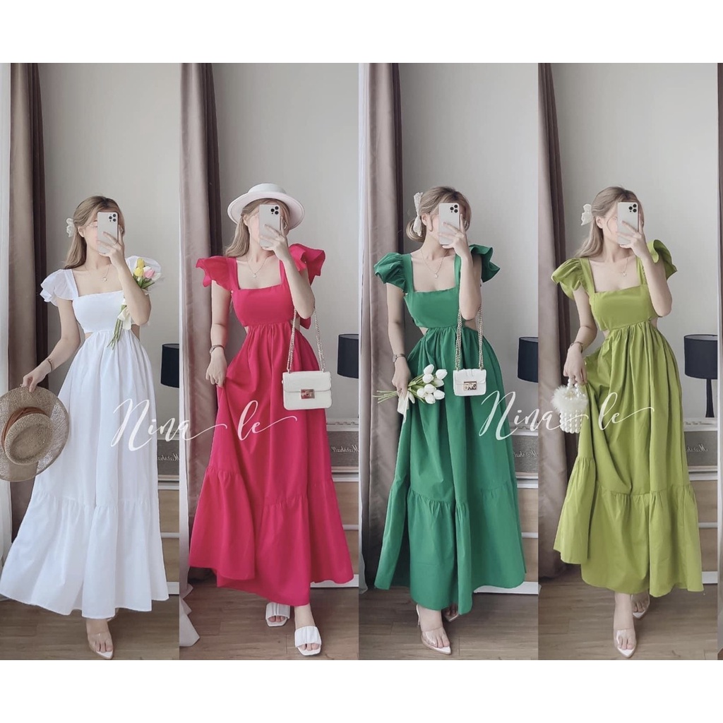 (Video-chất quảng châu)Váy thô maxi nữ nơ lưng tay cánh tiên form dáng xuông Đầm maxi nơ tay hở lưng đi chơi đi biển