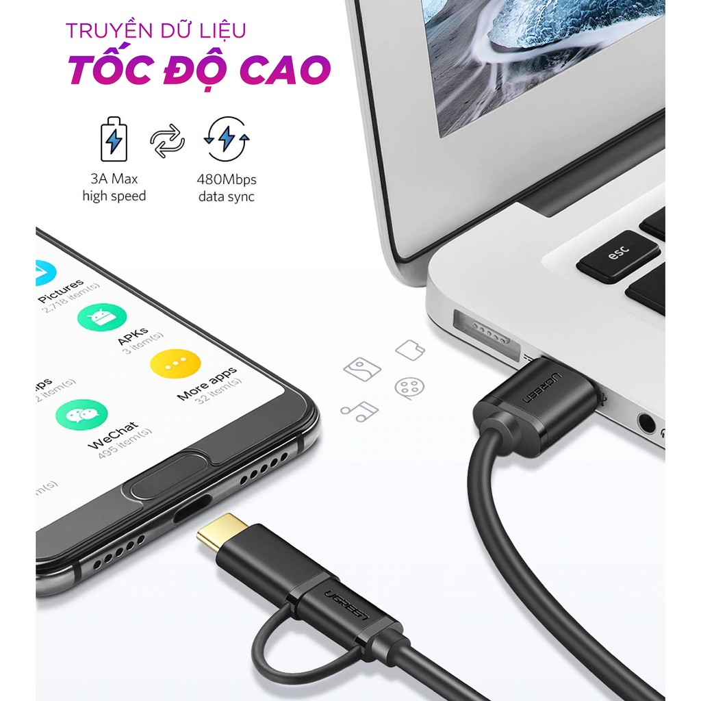 Dây USB đa năng 2 trong 1 đầu ra Micro-USB và USB Type-C UGREEN US142