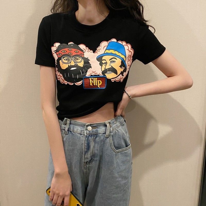 Áo Thun Lửng Ngắn Tay In Họa Tiết Dễ Thương