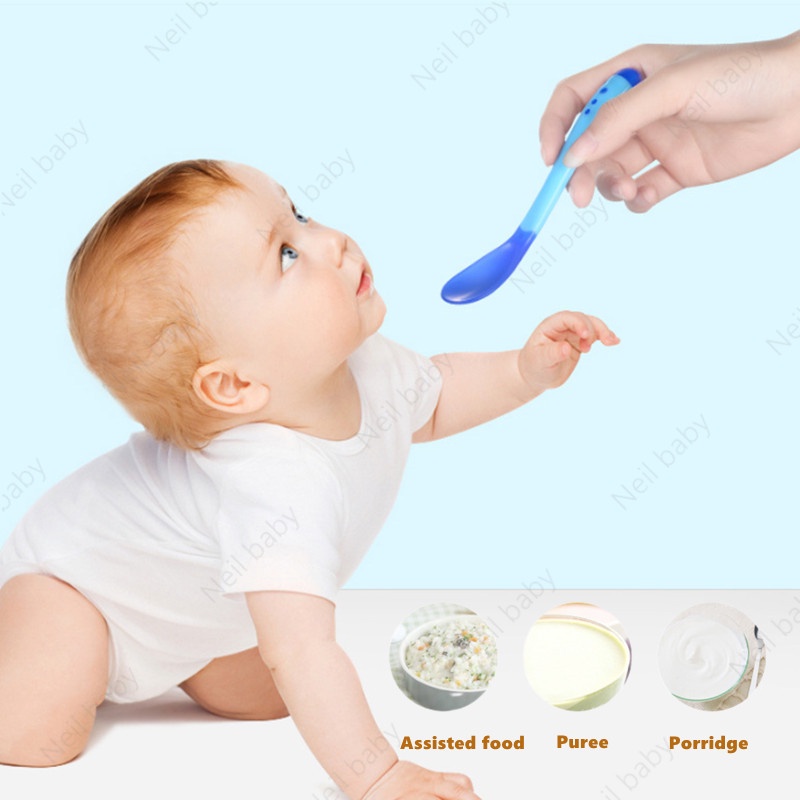 Thìa Báo Nóng Cảm Ứng Nhiệt Cho Bé，Dụng Cụ Ăn Bằng Silicone Cách Nhiệt An Toàn Cho Bé