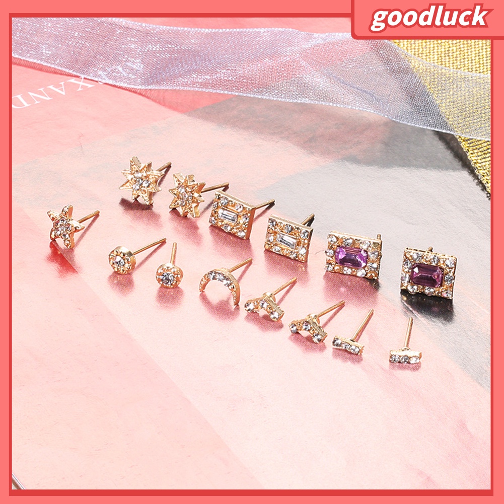 Set 7 đôi khuyên tai hình ngôi sao/mặt trăng đính kim cương nhân tạo cho nữ