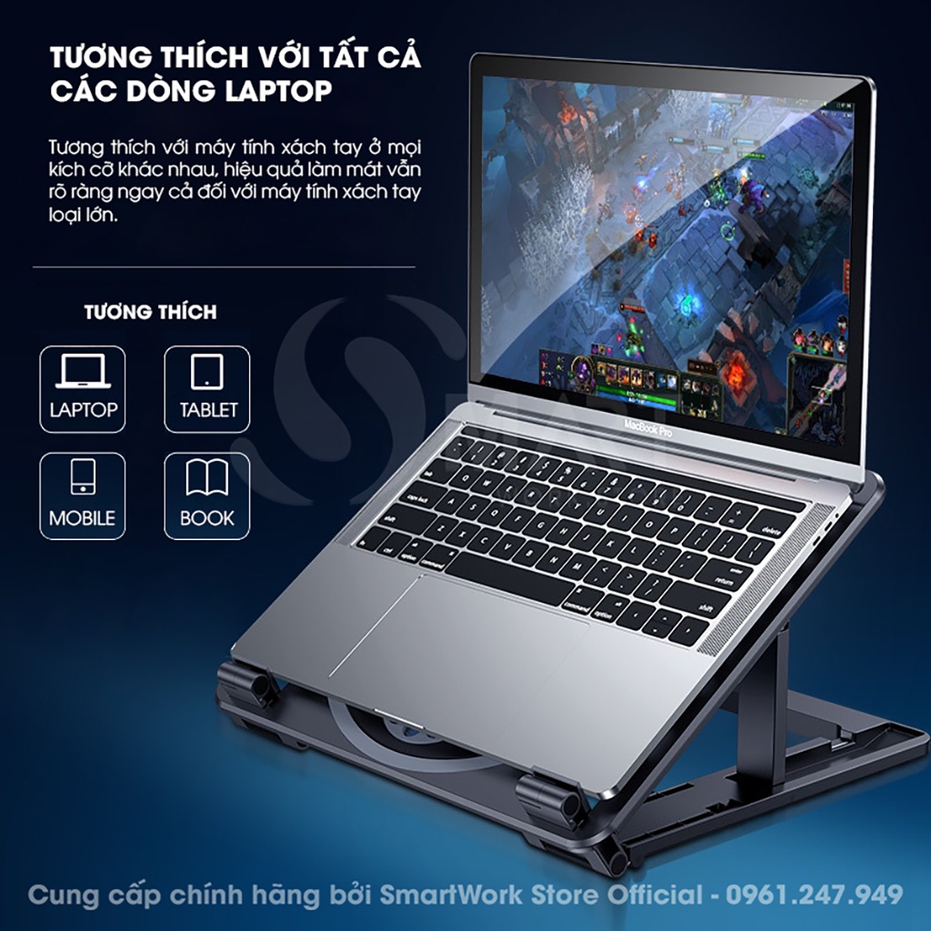 Đế Tản Nhiệt, Giá Đỡ Laptop Tản Nhiệt Macbook, Ipad 4 In 1 Tùy Chỉnh Độ Cao 6 Cấp Độ - Chế Độ Quạt Kép Chống Ồn