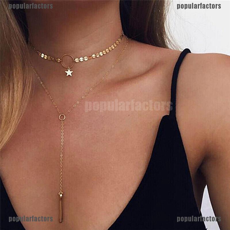 Dây chuyền hai lớp Choker đính mặt tròn và dây dài thanh lịch cho nữ