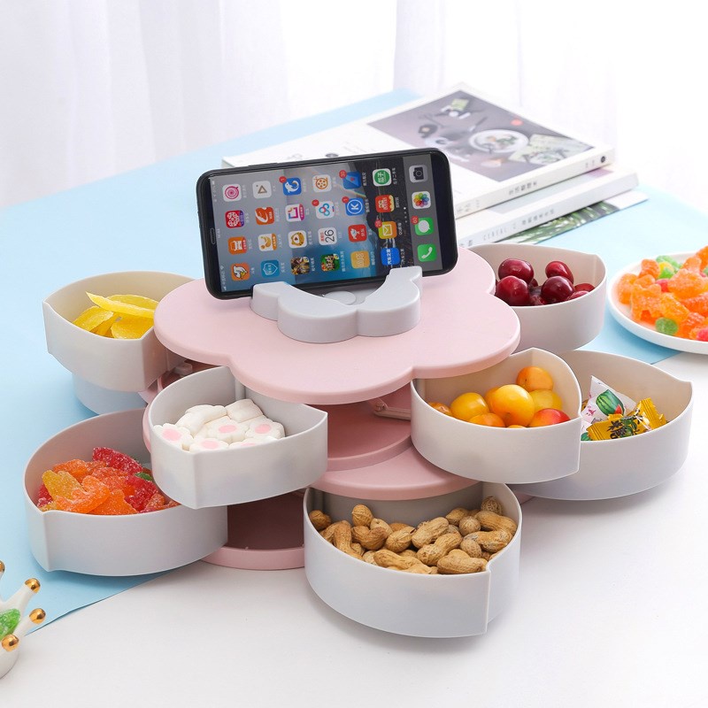 Khay Mứt Nở Hoa 5 Cánh Đựng Bánh Kẹo Tết Có Giá Đỡ Điện Thoại, Khay Mứt Xoay 5 Cánh Đa Năng + TẶNG 10 LÌ XÌ