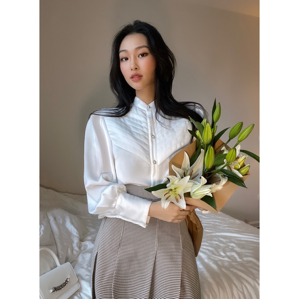Áo sơ mi lụa satin nữ HUONG BOUTIQUE HBSM942 đáp ngực trần bông