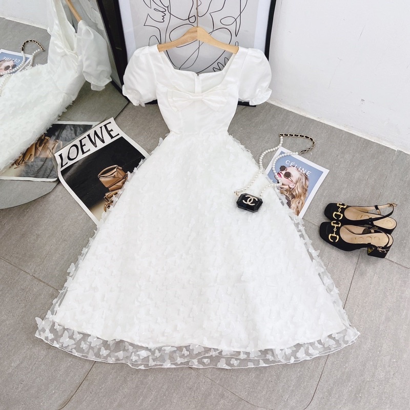 ĐẦM MIDI NƠ NGỰC HOA NỔI CÔNG CHÚA TRẮNG MS72