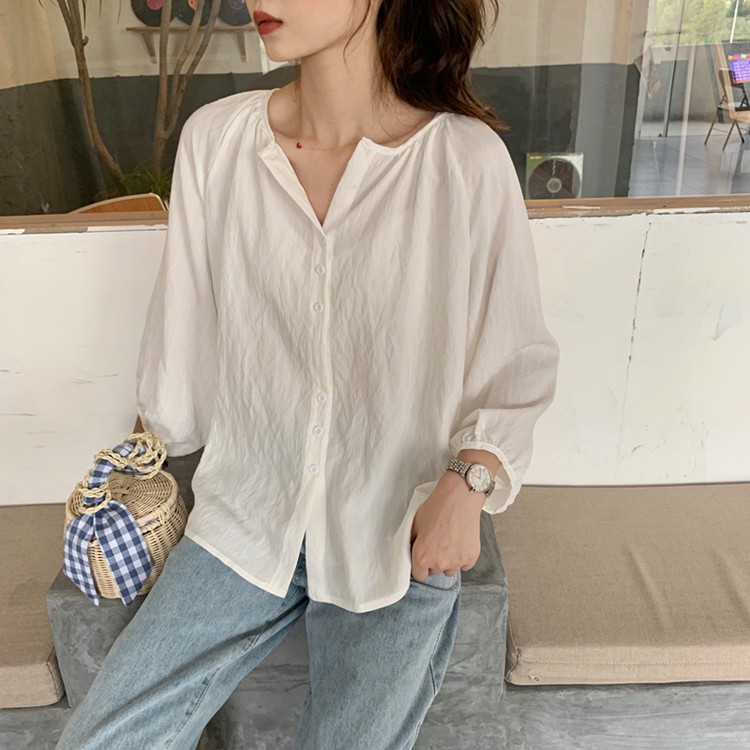 Áo sơ mi nữ tay dài màu trơn phong cách retro | BigBuy360 - bigbuy360.vn