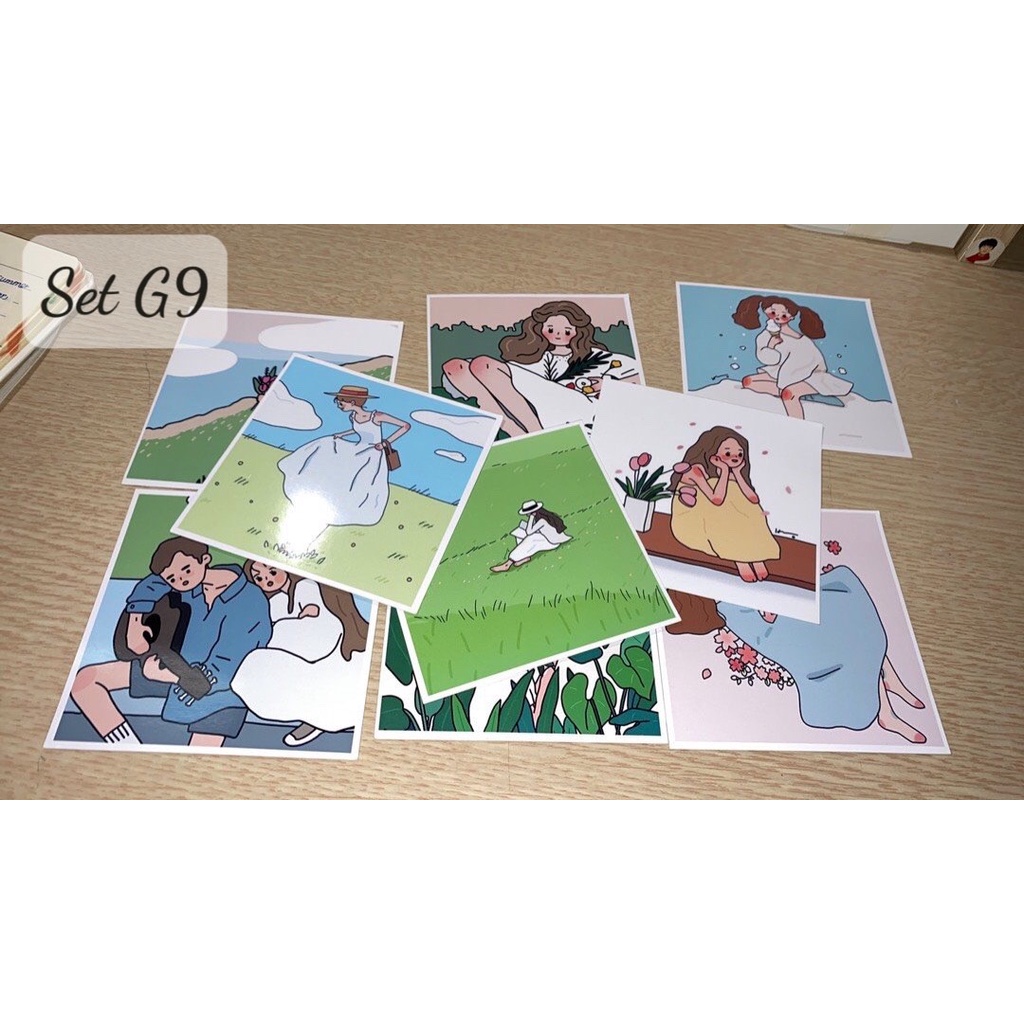 [ FreeShip ] Set 9 tấm thiệp postcard CÔ GÁI VÀ HOA có sẵn decor trang trí phòng siêu cute