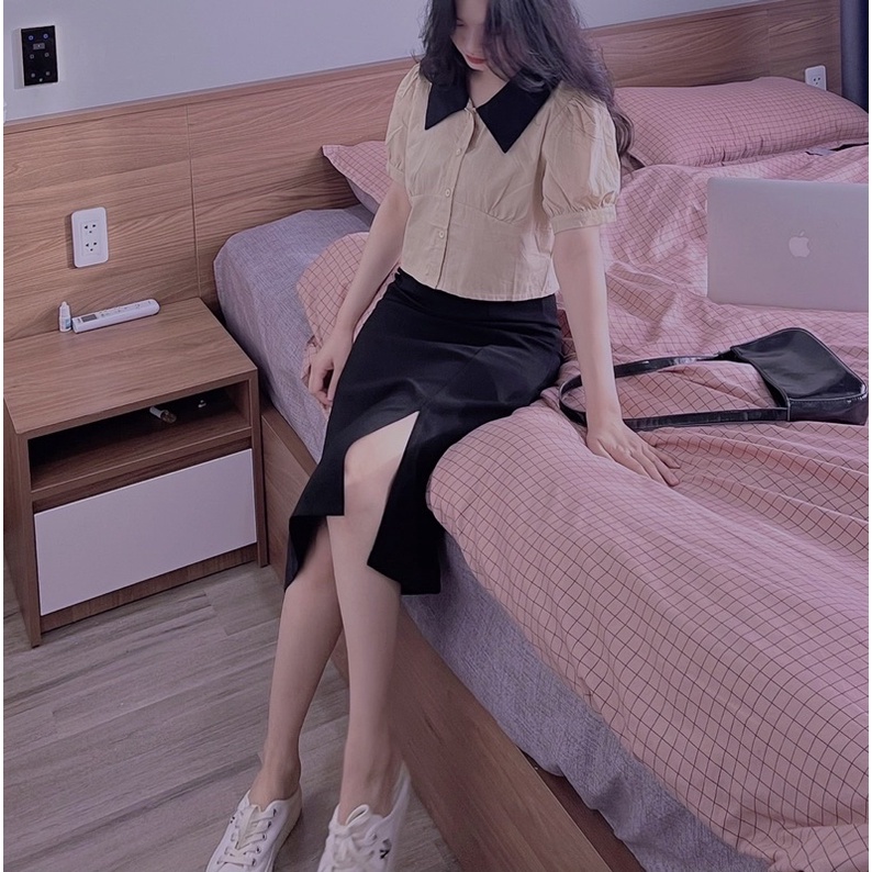 CHÂN VÁY ĐEN XẺ TÀ BÊN + ÁO SƠMI DÁNG NGẮN MÀU BE CỔ ĐEN (ảnh shop tự chụp 100% ạ)