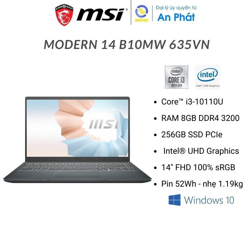 Laptop MSI Modern 14 B10MW 605VN/ 635VN  (i3-10110U | 8GB | 256GB | Intel UHD Graphics | 14.0 inch FHD | Win 10 | Xám)