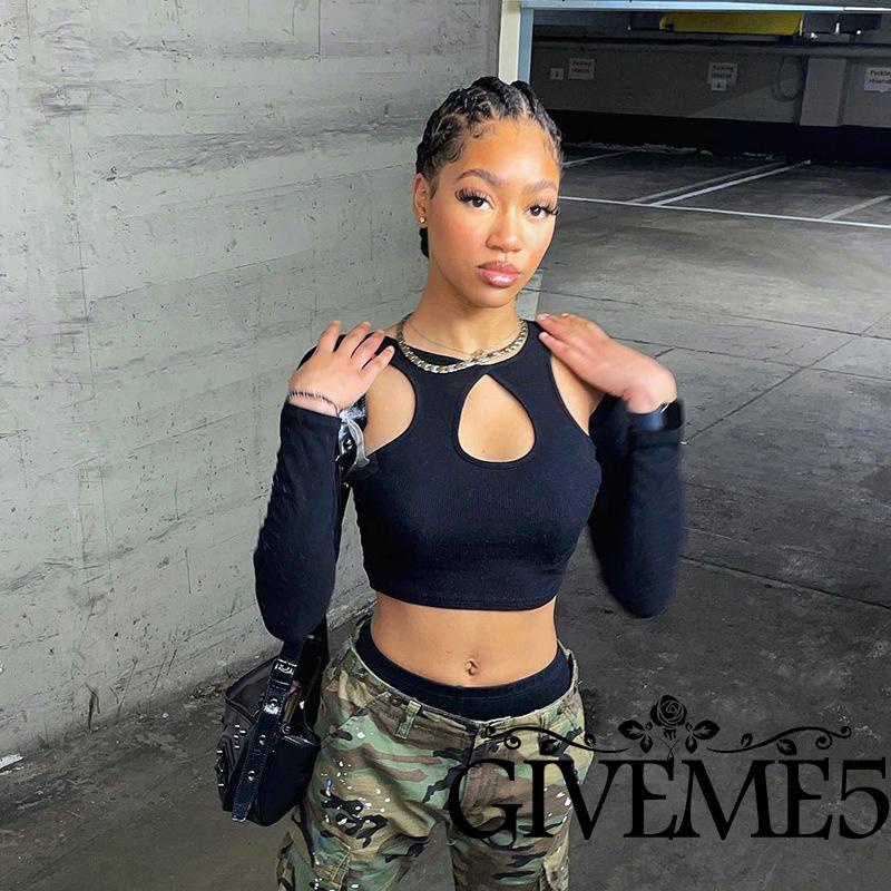 Áo Croptop Tay Dài Cổ Tròn Màu Trơn Thời Trang Mùa Hè Cho Nữ