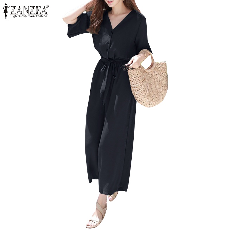 ZANZEA Bộ Áo Liền Quần Tay Lửng Ống Rộng Kèm Thắt Lưng Thời Trang Cho Nữ