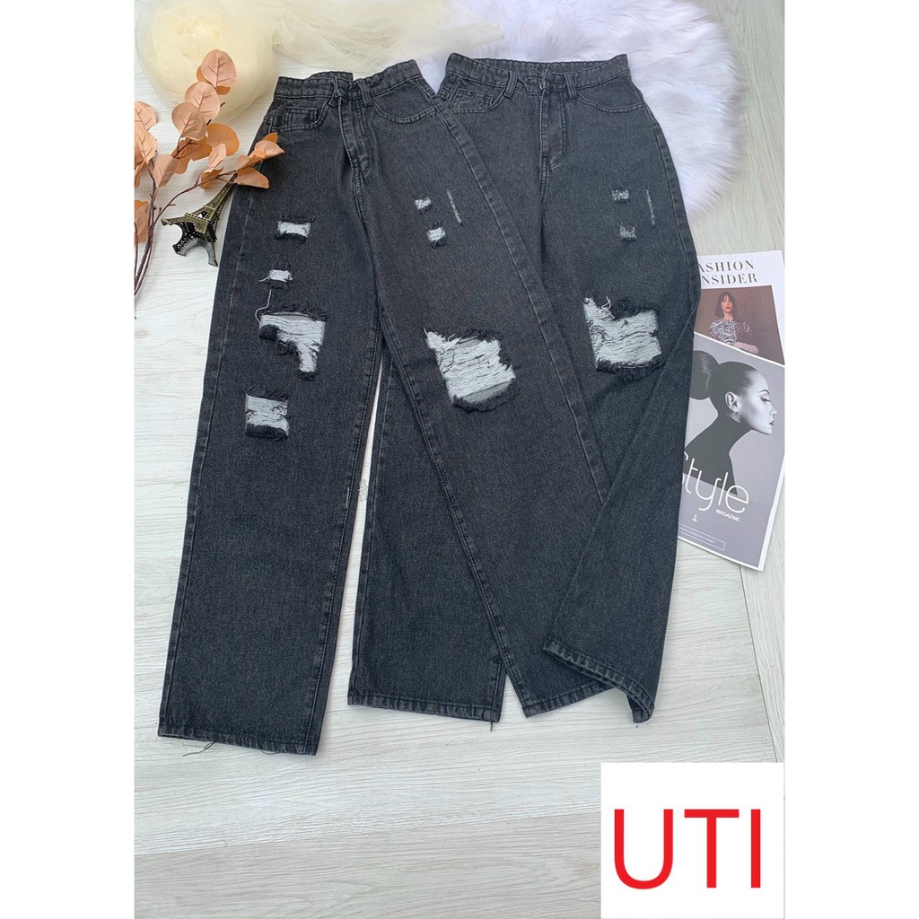 QUẦN JEAN ỐNG RỘNG NỮ LƯNG CAO RÁCH CÀO LỔM CHỔM MÀU XÁM LAI CUỐN CAO CẤP UTI ĐỦ SIZE S, M, L SIÊU LẠ SIÊU HOT HIT