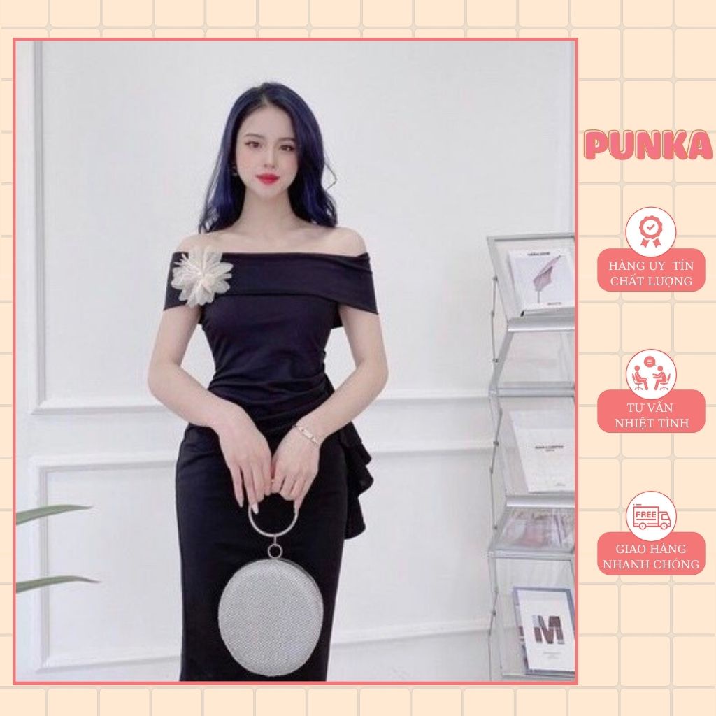 Đầm trắng trễ vai thắt nơ hoa đi chơi, dự tiệc body ôm dáng dài