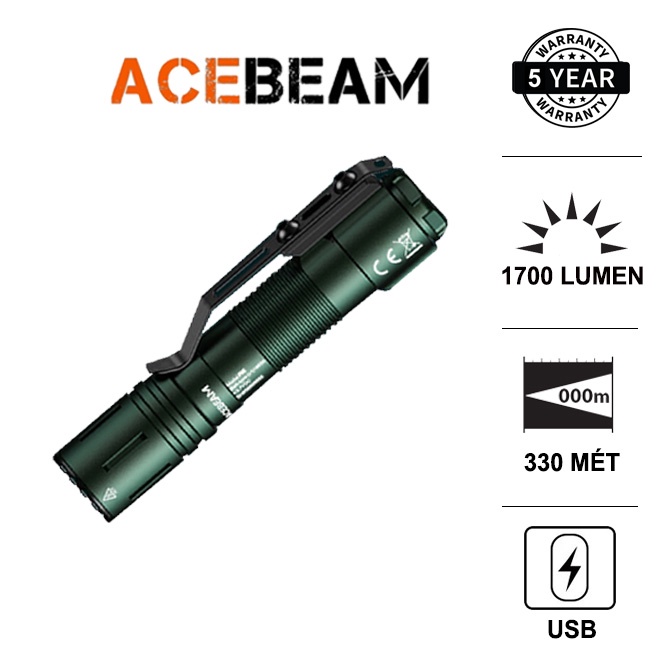 Đèn pin ACEBEAM P15 Led LUMINUS SFT40 độ sáng 1700 lumen chiếu xa 330m sạc USB pin 18650 3 cực (kèm theo) Đèn &amp; Đèn pin