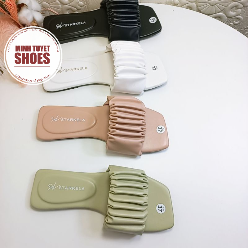 Dép kiểu nữ đế bằng quai ngang nhún nhúm trơn thời trang đế bằng đẹp mới hè 2021 mã DNT MINHTUYETSHOES