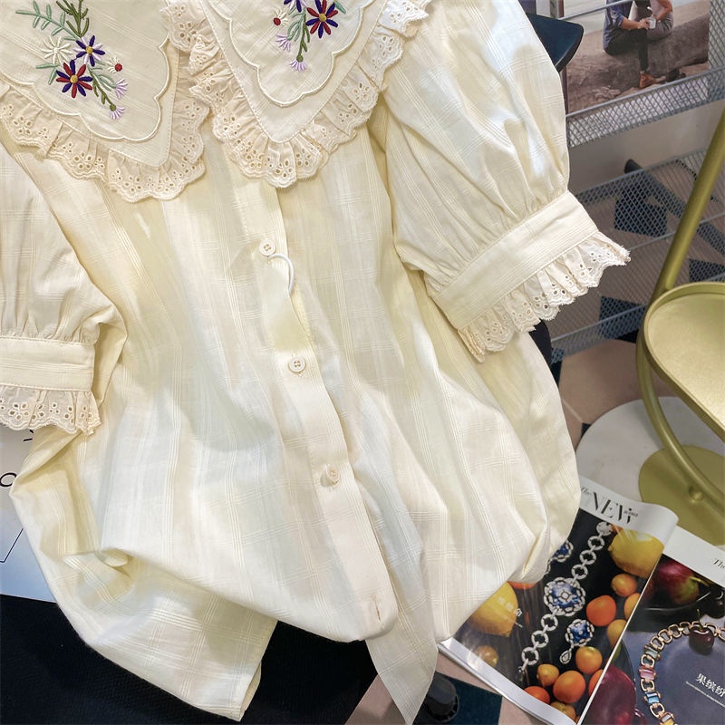 Áo Sơ Mi Tay Phồng Cổ Búp Bê Phong Cách Lolita Mùa Hè Pháp Dáng Rộng Sang Trọng Cho Nữ
