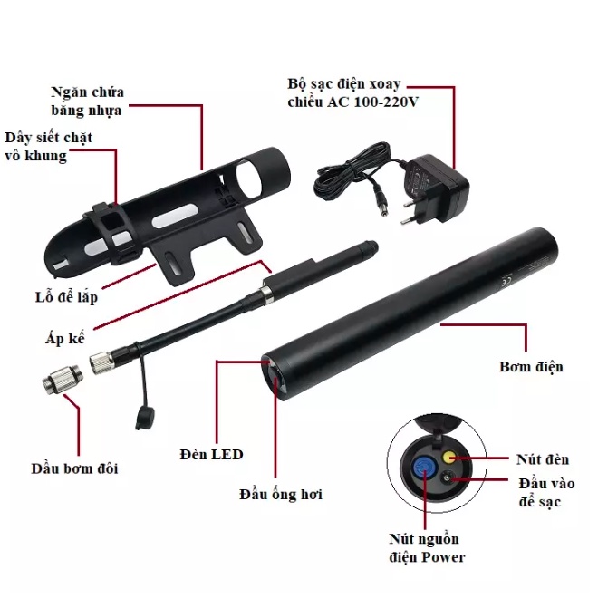 Bơm lốp xe 2 bánh dùng pin sạc Lithium Michelin 12320