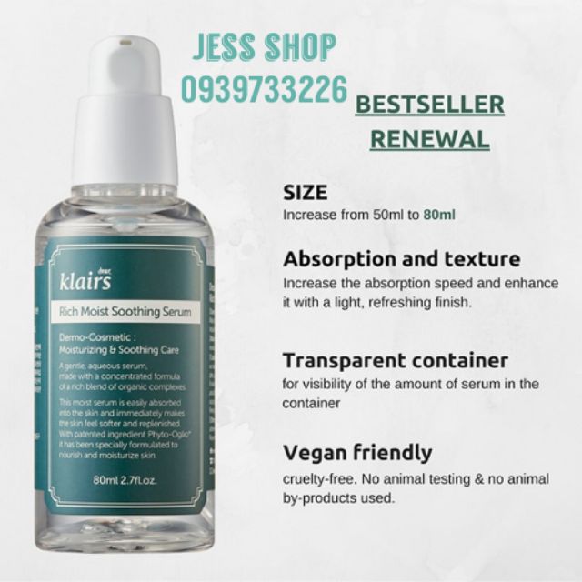 Tinh Chất Dưỡng Ẩm Dear Klairs Rich Moist Soothing Serum 80ml