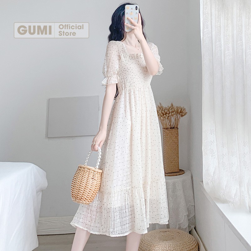 Đầm maxi đi biển trắng cổ vuông chấm bi - Váy maxi chấm bi biển xinh đẹp GM2090