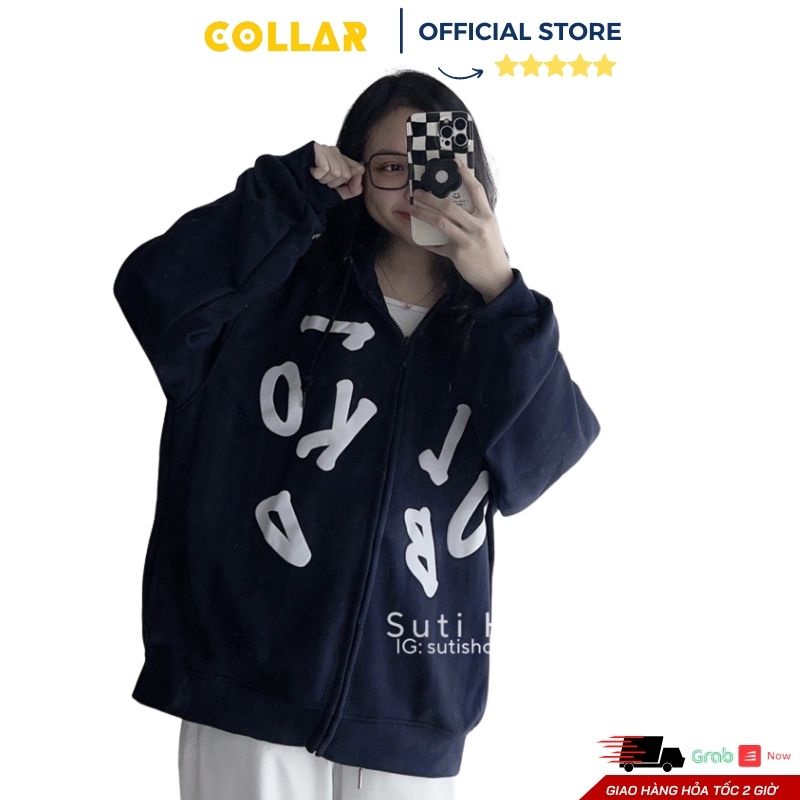 Áo khoác nỉ hoodie COLLAR form rộng bigsize dây kéo in chữ nổi CLUB thời trang phong cách trẻ trung năng động