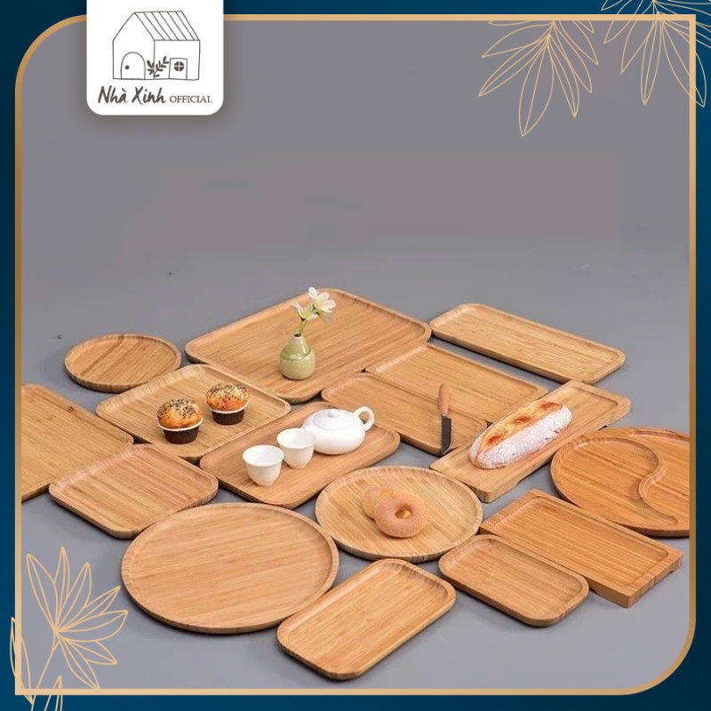 Khay gỗ trúc màu nâu nhạt hình chữ nhật, hình tròn đựng đồ ăn, khay đựng bánh tách trà hình vuông, đồ decor 6.2