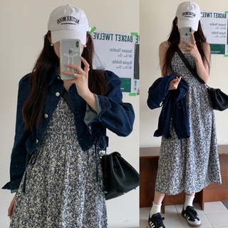 Áo Khoác Denim Tay Dài / Đầm Hai Dây In Hoa Thời Trang 56414