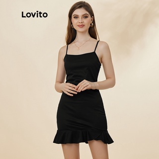 1221de-Đầm Lovito thường ngày trơn viền ren dây sợi mỏng đuôi cá L19D420 (màu đen)