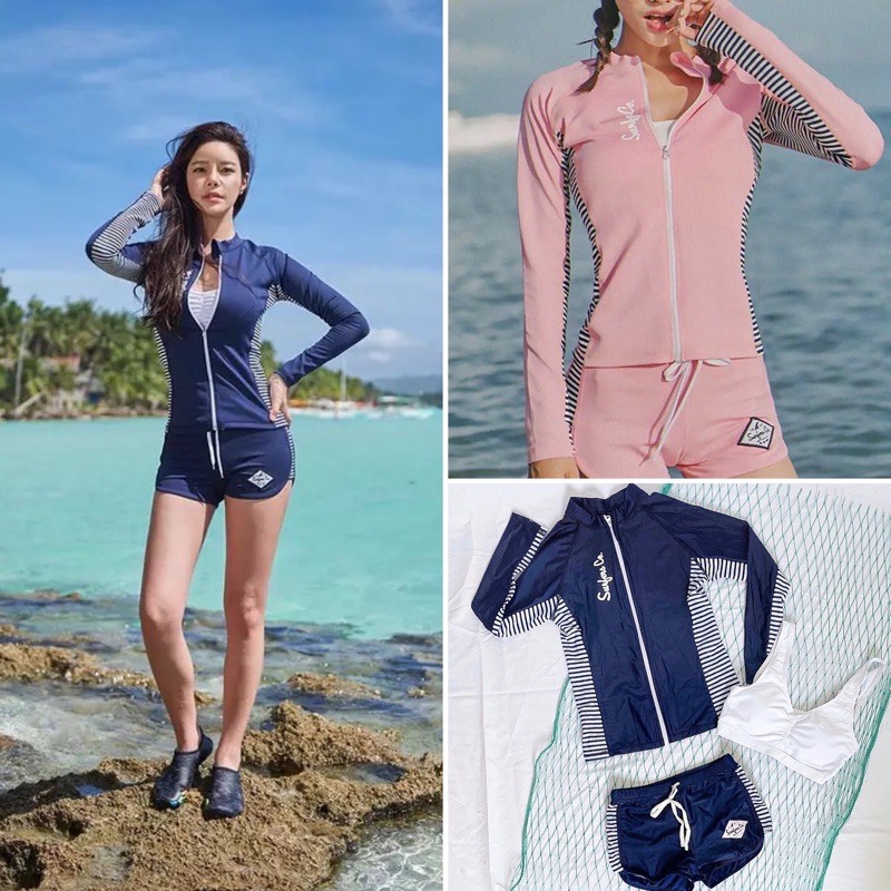 Bộ đồ bơi dài tay nữ 3 mảnh áo khoác sọc sườn quần đùi siêu đẹp | BigBuy360 - bigbuy360.vn
