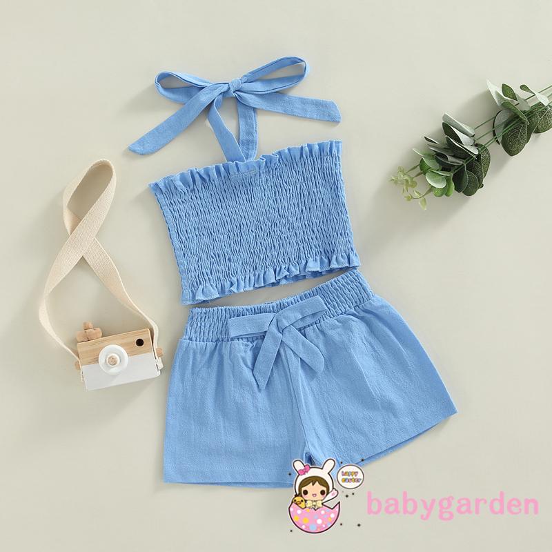 Bộ Áo Hai Dây + Quần Short Màu Trơn Thời Trang Mùa Hè Cho Bé Gái 2-7 Tuổi