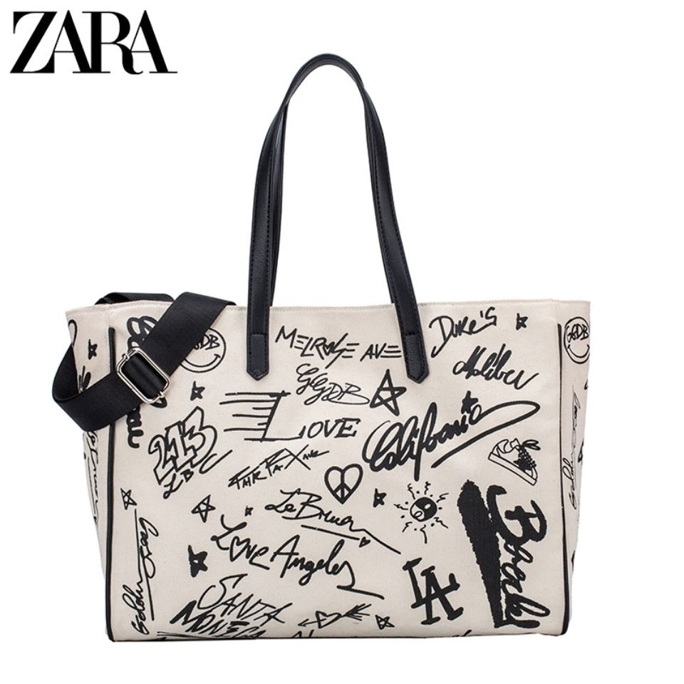 Túi Đeo Vai Zara Bằng Vải canvas Sức Chứa Lớn In Họa Tiết graffiti Dành Cho Nữ