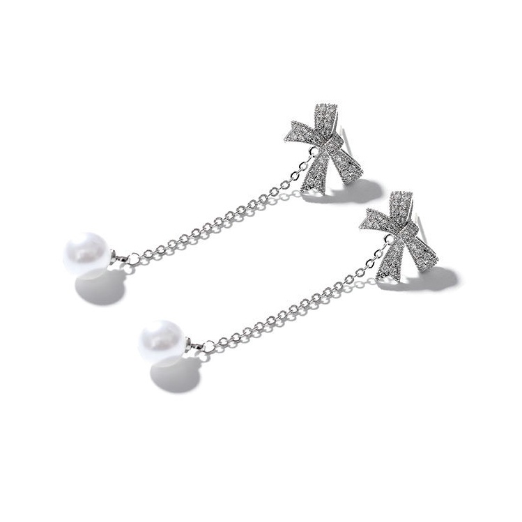 Bông tai nơ ngọc trắng dài xinh xắn cho nữ