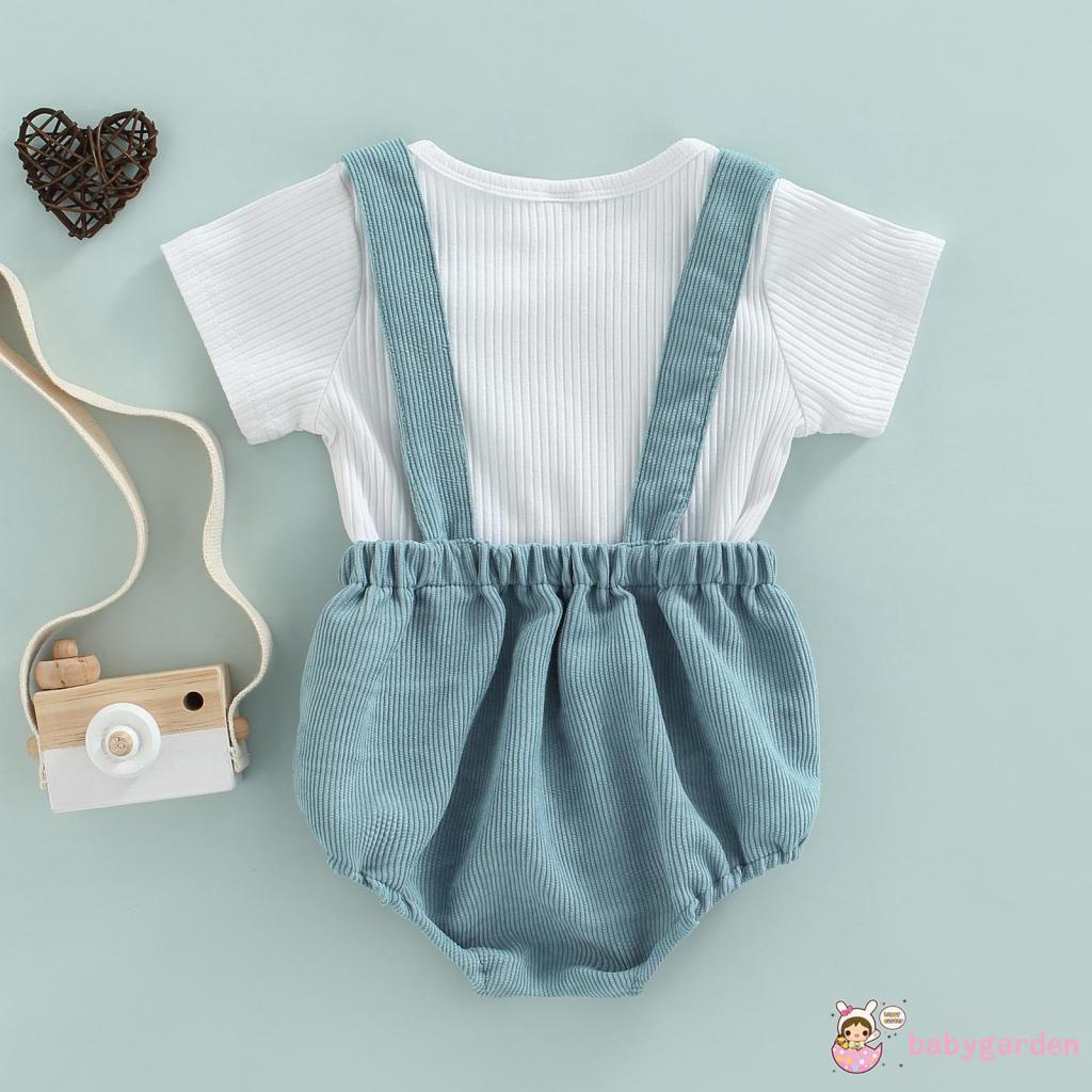 Set Áo Thun Tay Ngắn Cổ Tròn + Quần Yếm Dễ Thương Cho Bé Trai Từ 0-2 Tuổi