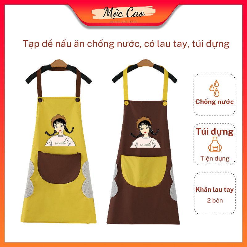 Tạp dề nấu ăn, tạp dề chống nước có túi đựng và lau tay hình cô gái phong cách Hàn Quốc