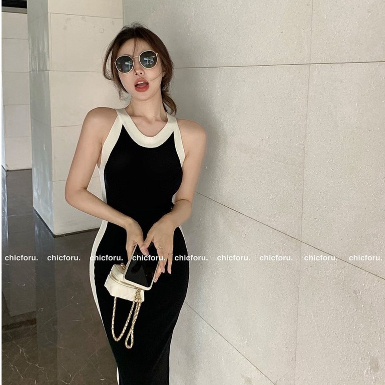 Đầm dệt kim không tay xẻ tà bên hông phong cách Pháp