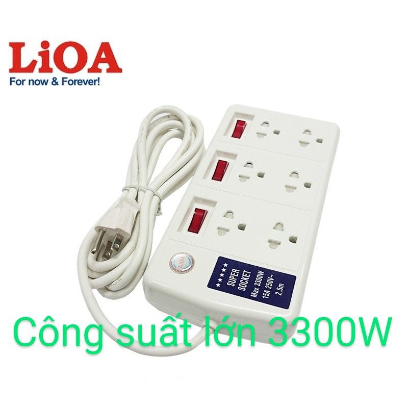 [HOT] Ổ cắm kéo dài đa năng LiOA 6 ổ cắm Công suất lớn 3300W Dây 2.5m 2 lõi 3 lõi 6SS2.5-2 Chính hãng